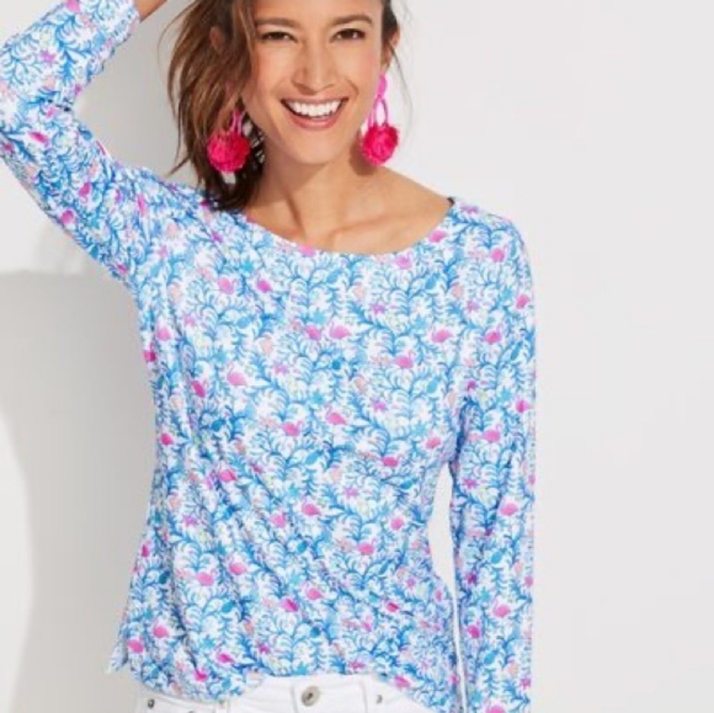 NWT Vineyard Vines UPF Simple Boatneck Shirt Top in Otomi Blue Size XS New